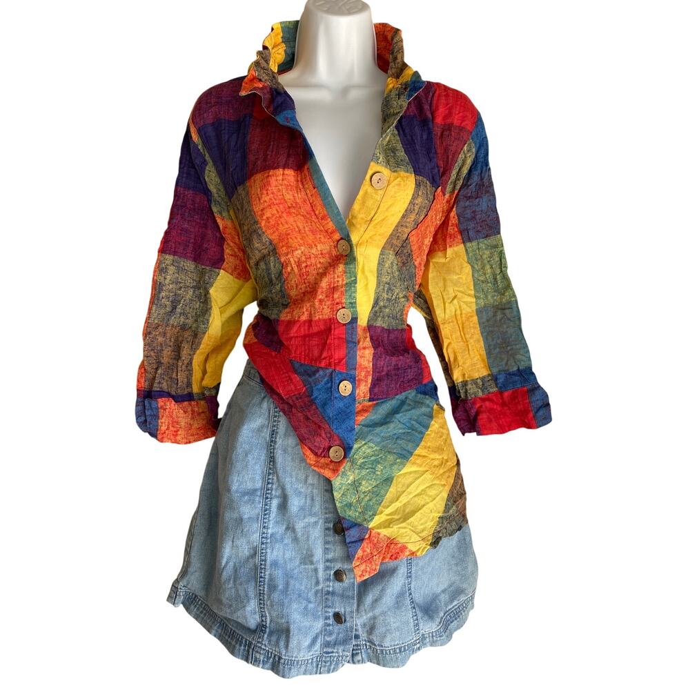VTG Terra Women's Plus 1 Ruffled Collar Coquette Plaid Back Pocket Blouse Cotton